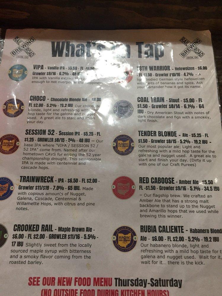 Menu at Railroad Brewing Company, Avon