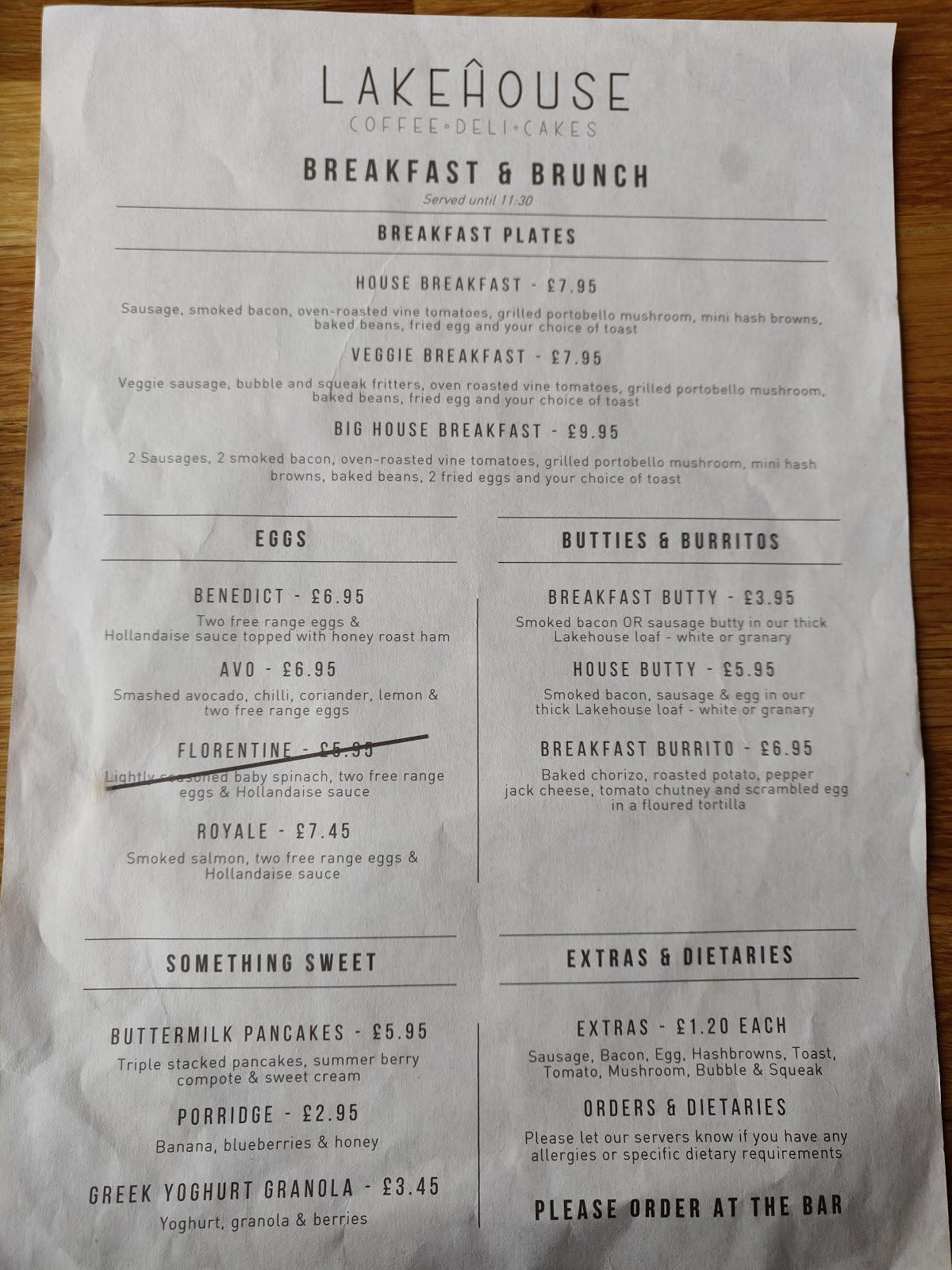 Menu at The Lakehouse Cafe, Stowmarket