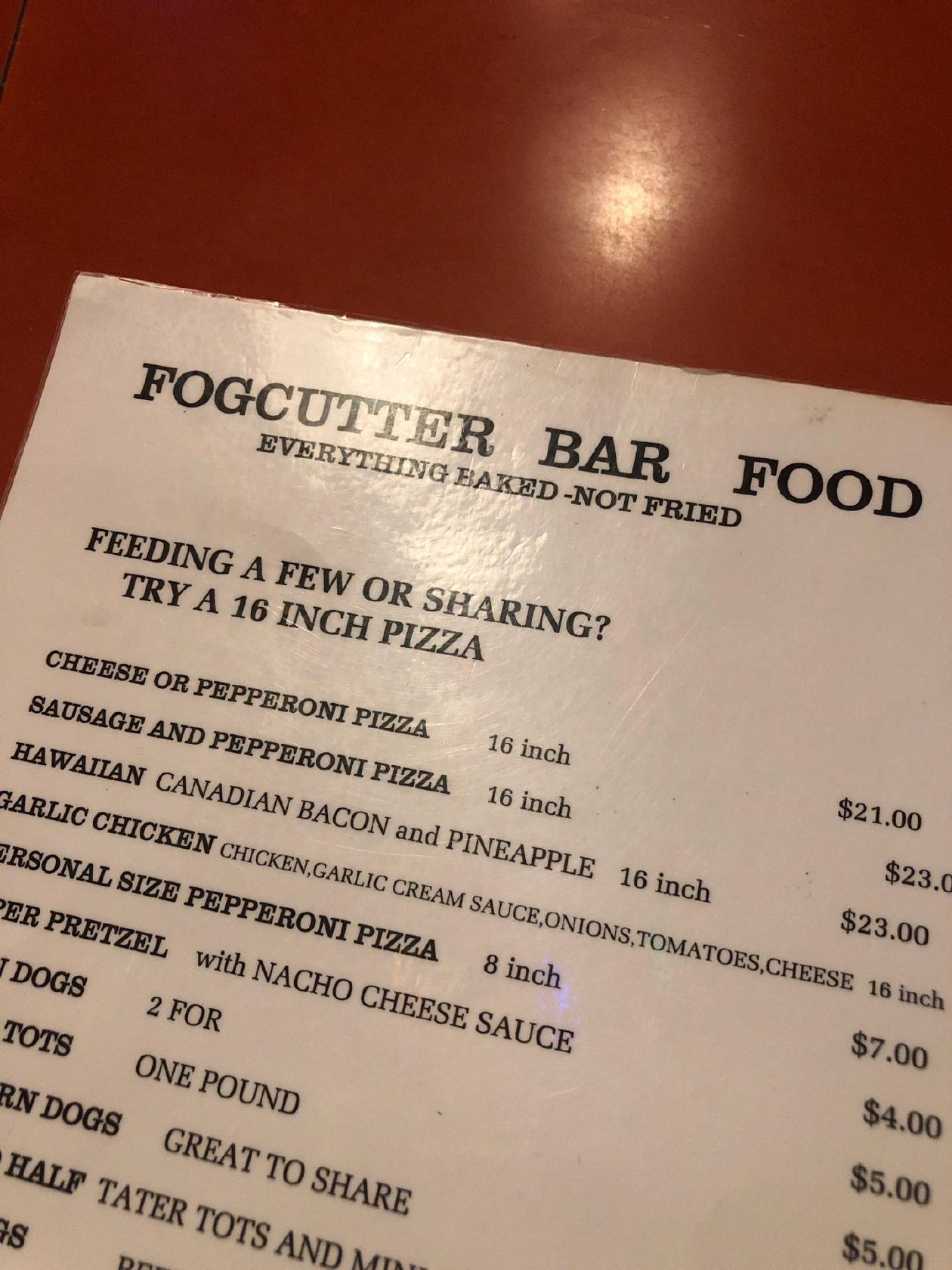 Menu at Fogcutter Bar, Haines