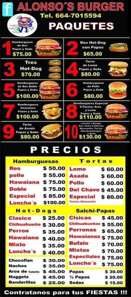 Menu at Alonso's Burger restaurant, Tijuana