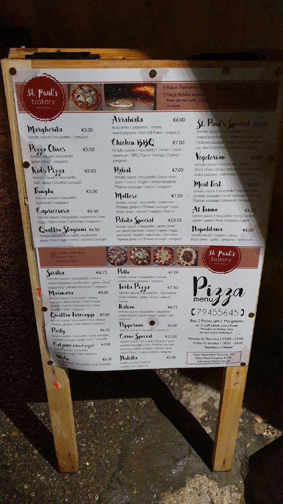 Menu at St. Paul's Bakery, Rabat