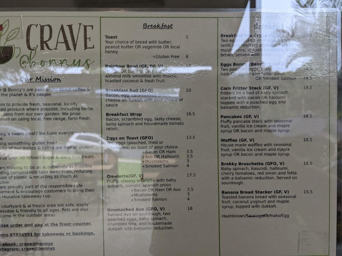 Menu at Crave @ Bonny's cafe, Bonny Hills, 10 Jungarra Cres