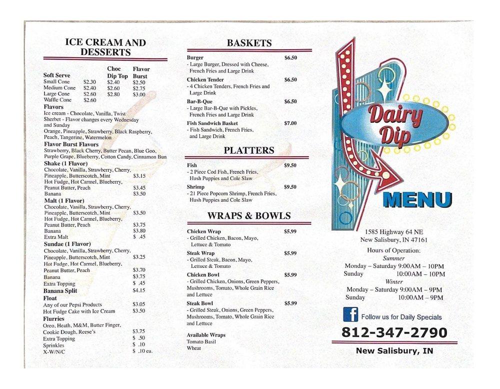 Menu at Dairy Dip restaurant, New Salisbury, Old State Rd 64 NE