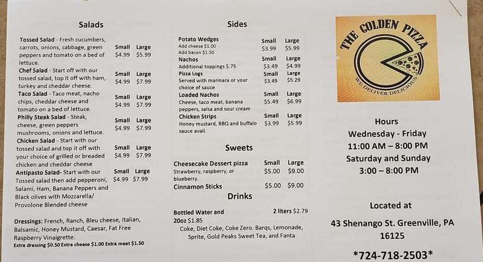 Menu at Golden Pizza pizzeria, Greenville
