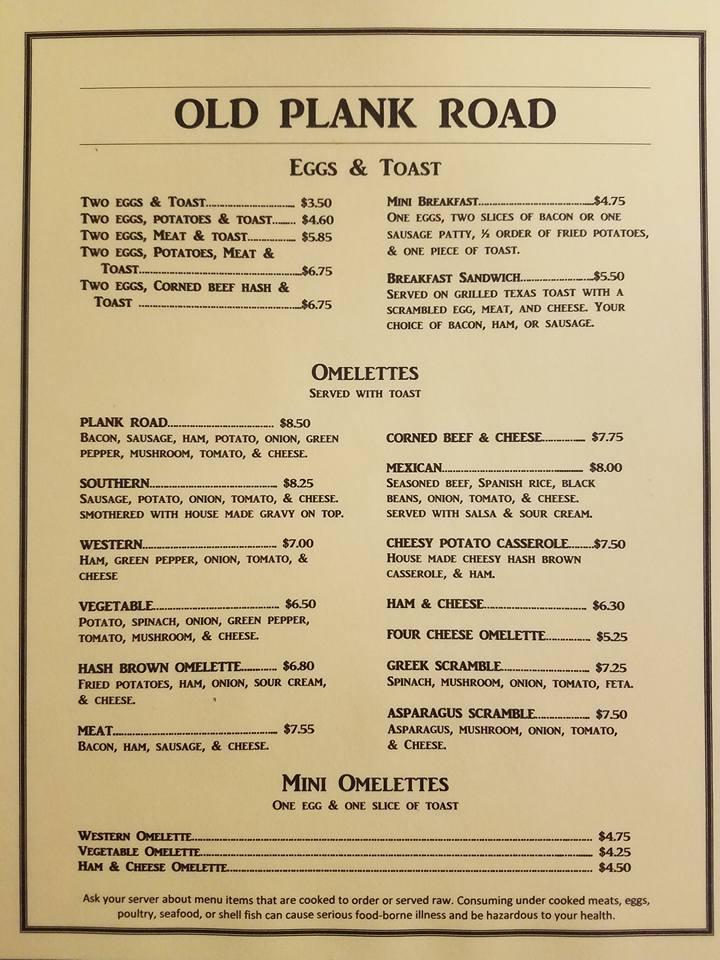 Menu at Old Plank Road Restaurant, Plainwell