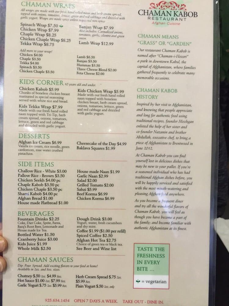 Menu at Chaman Kabob Restaurant, Brentwood
