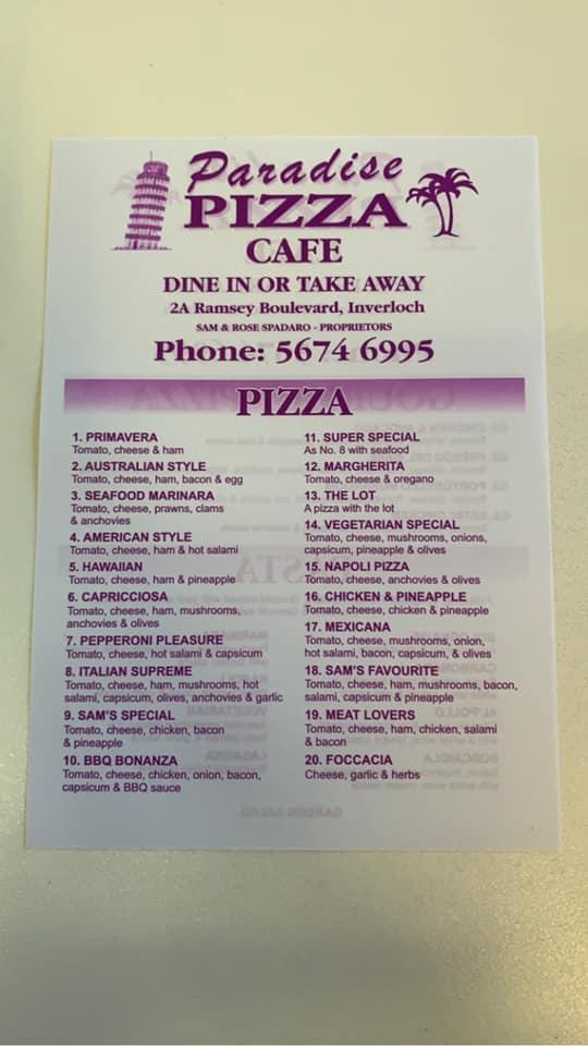 Menu at Paradise Pizza & Cafe, Inverloch