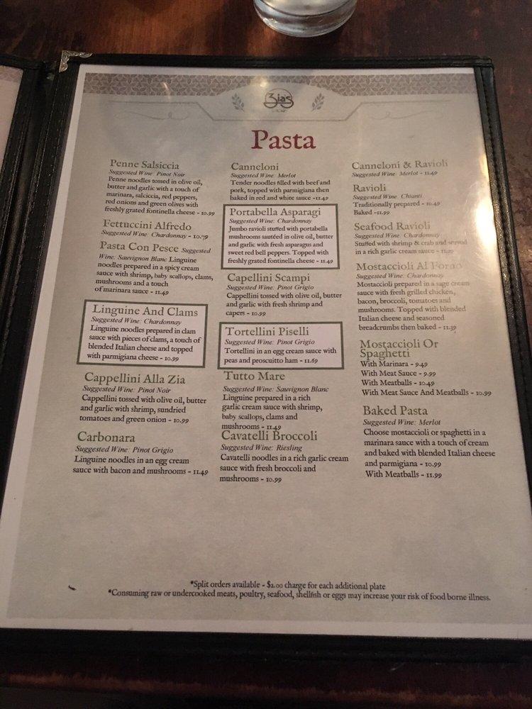 Menu at Zia's on The Hill restaurant, St. Louis