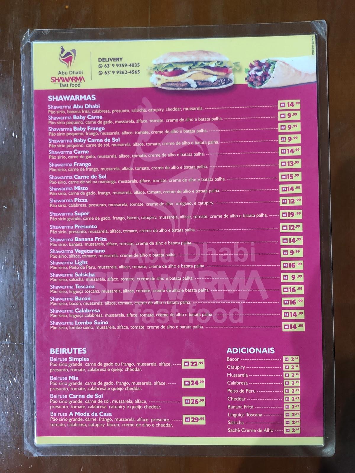 Shawarma cardápio