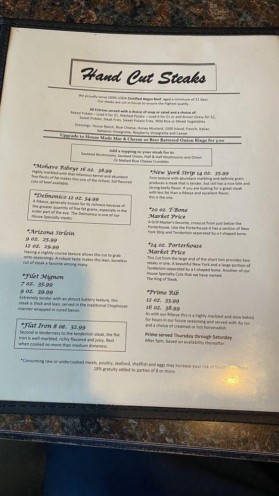 Menu at Kingman Chophouse steakhouse, Kingman