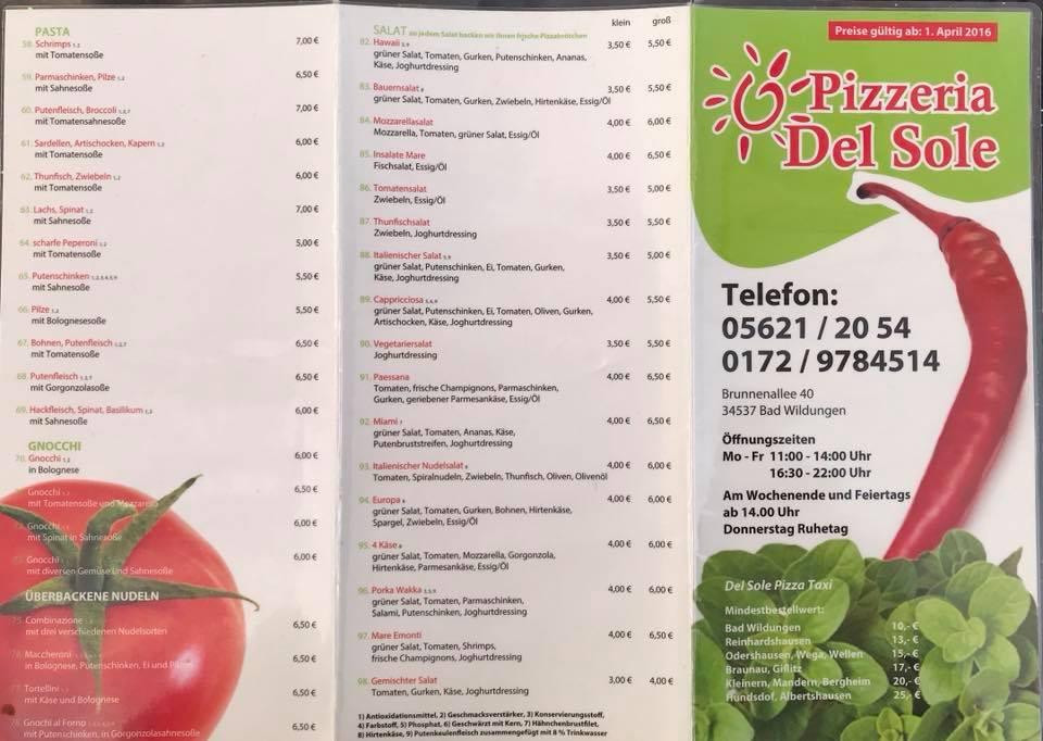 Speisekarte von Pizzeria Del Sole, Bad Wildungen