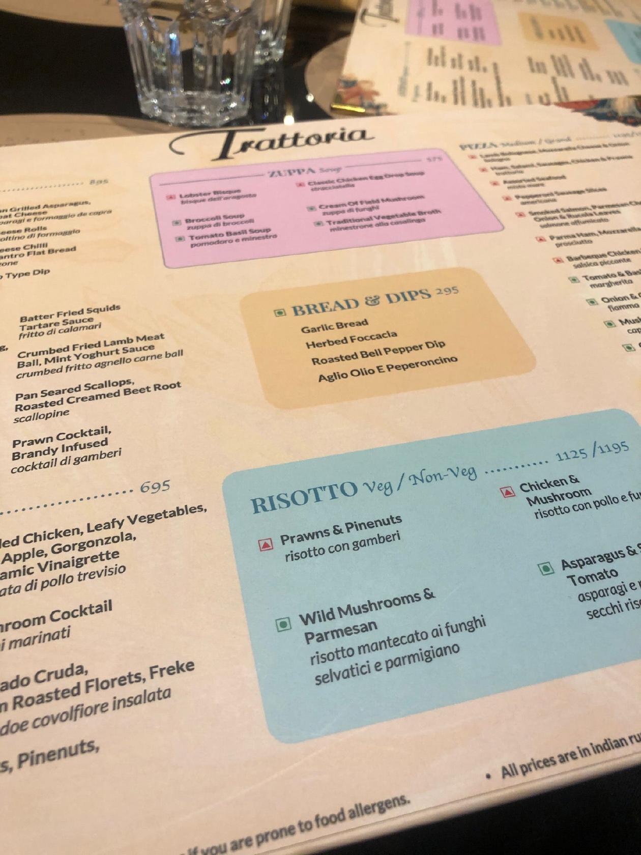 Trattoria Restaurant menu