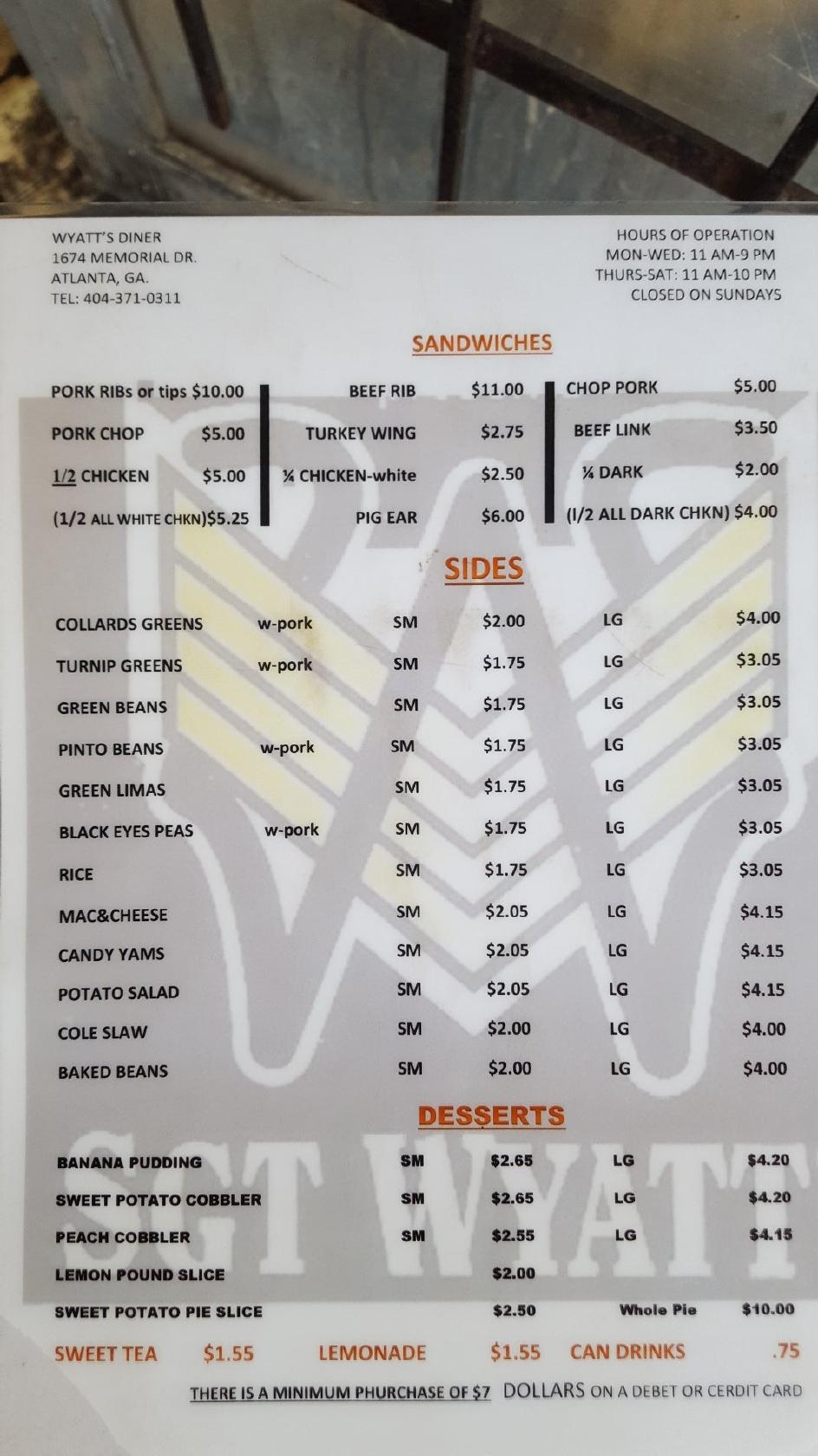 Menu at Wyatt's Country BBQ, Atlanta