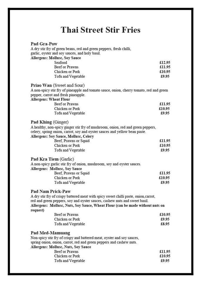 Menu at Thai Street Food restaurant, Worthing