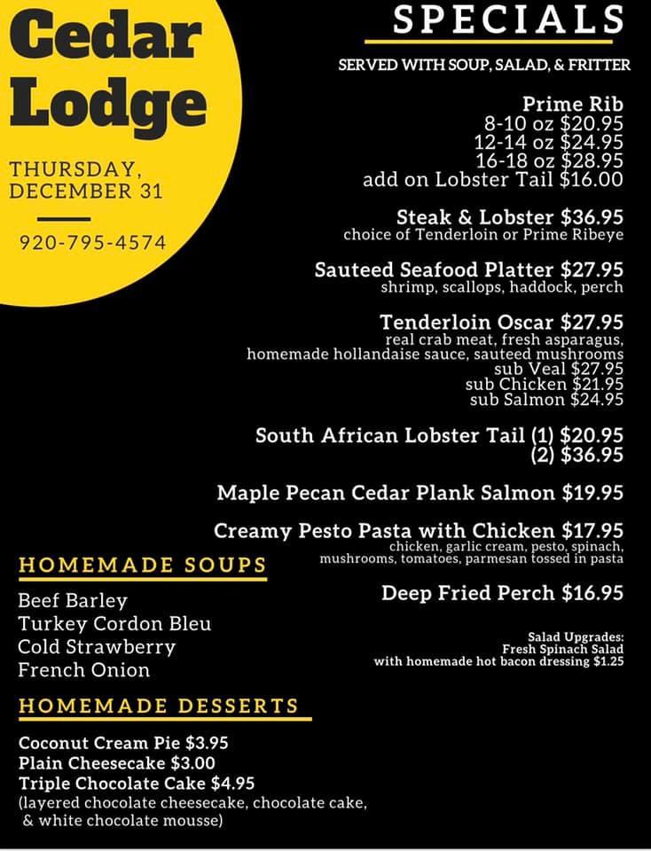 Menu at Cedar Lodge Supper Club, Calumetville