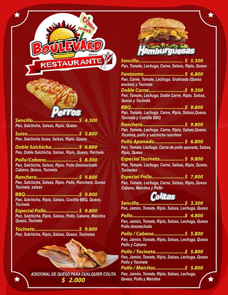 Menu at Comidas Rapidas Boulevard restaurant, Tulua