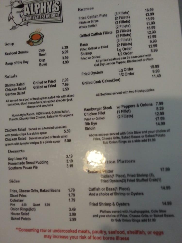 Menu at Alphy's Catfish House restaurant, Navarre