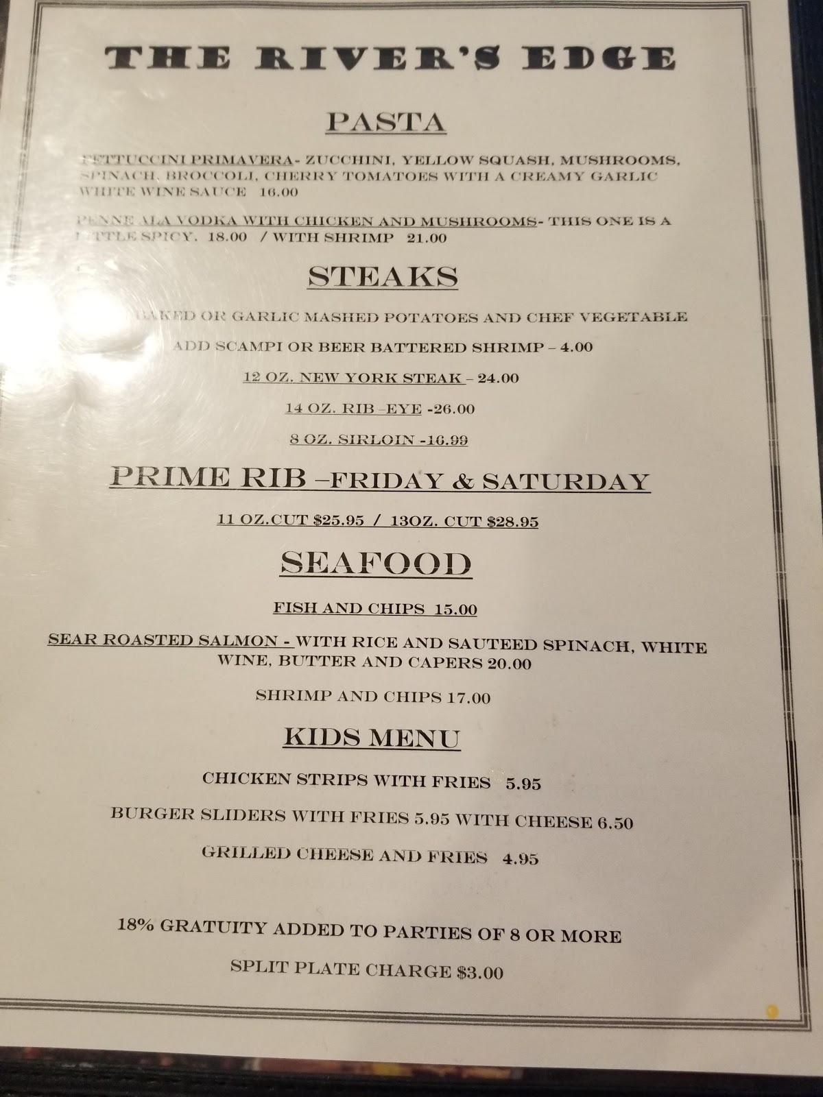 Menu at The River's Edge restaurant, Knights Ferry, Sonora Rd