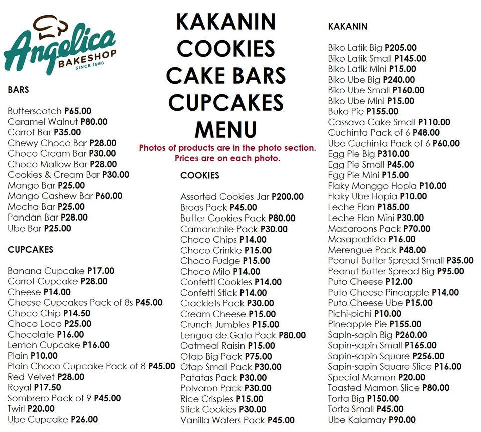 Carta del postres Angelica Cebú, Osmeña Blvd