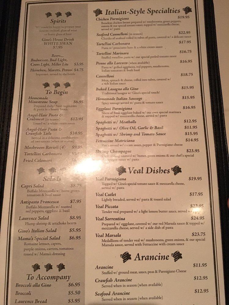 Menu at Gino's Restaurant, Baton Rouge