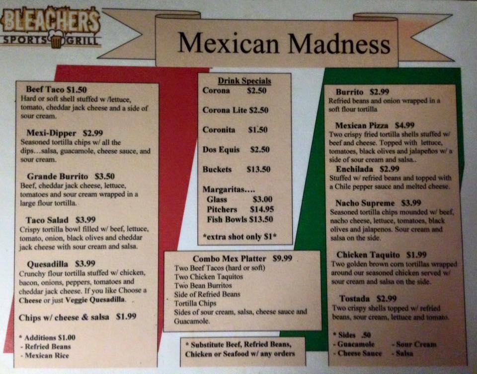 Menu at Bleachers Sports Grill pub & bar, Parma