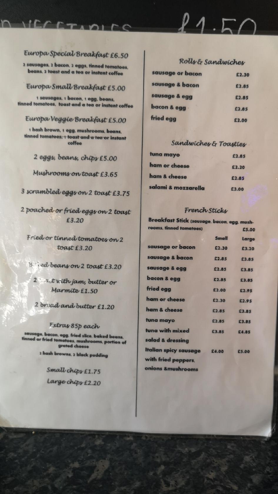 Menu at Cafe Europa, Kettering