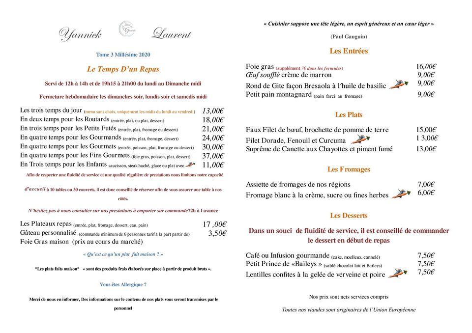 Menu at Le Pari des Gourmets restaurant, Pont-et-Massène