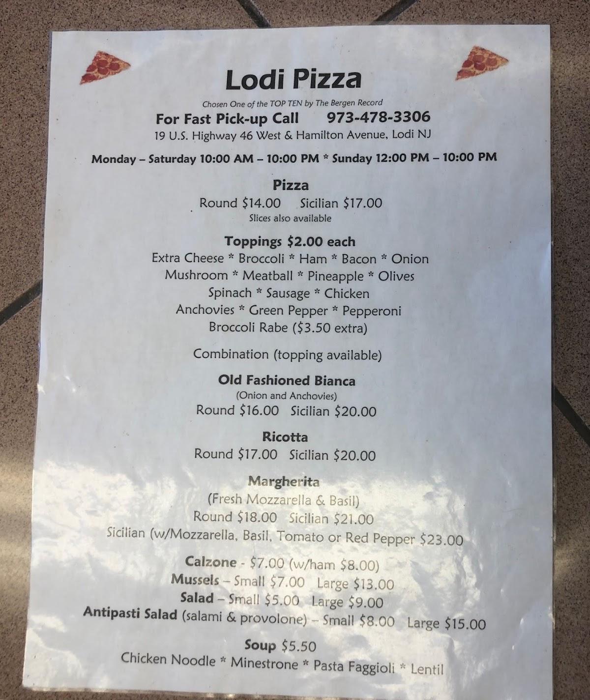 Menu at Lodi Pizza Restaurant, Lodi, 19 US46