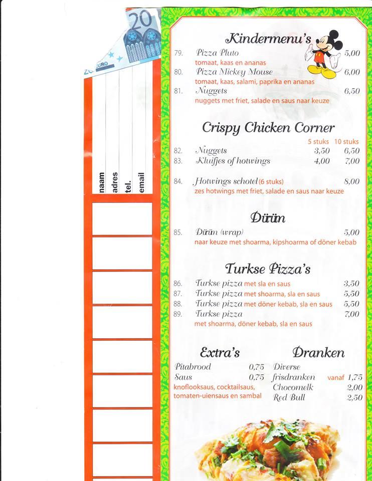 Menu at Pizzeria Roma, Tilburg