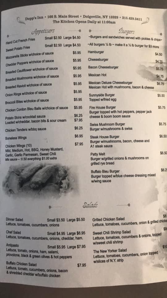 Menu at Dopp's Inn restaurant, Dolgeville