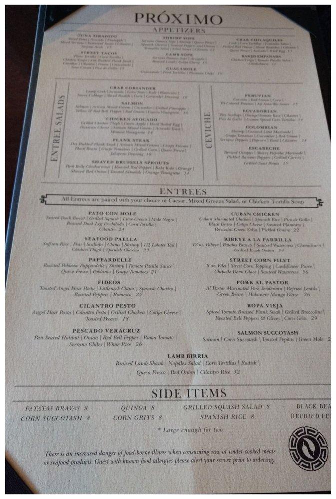 Menu At Proximo Restaurant, Fort Wayne