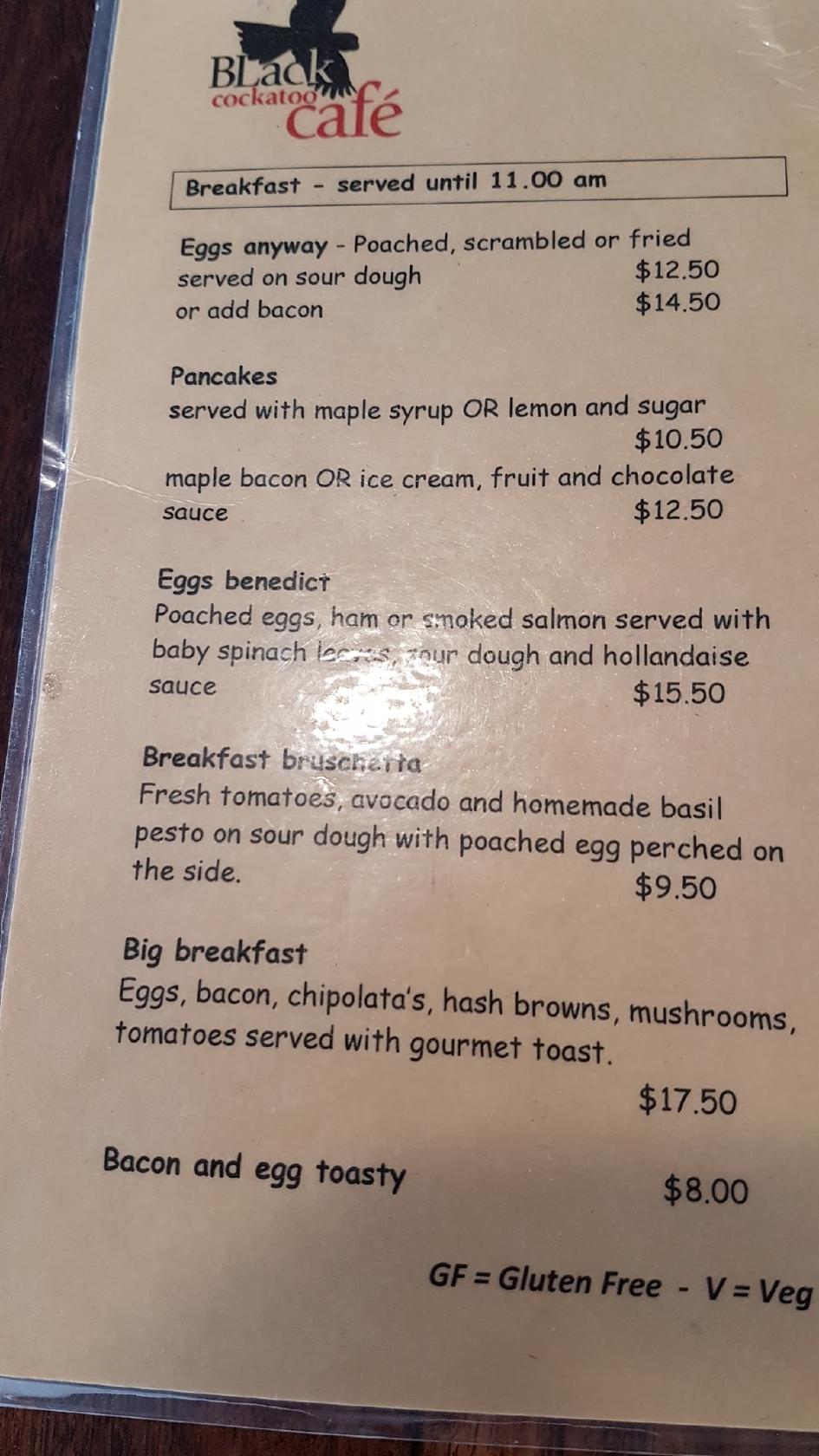 Menu at Black Cockatoo restaurant, Kojonup