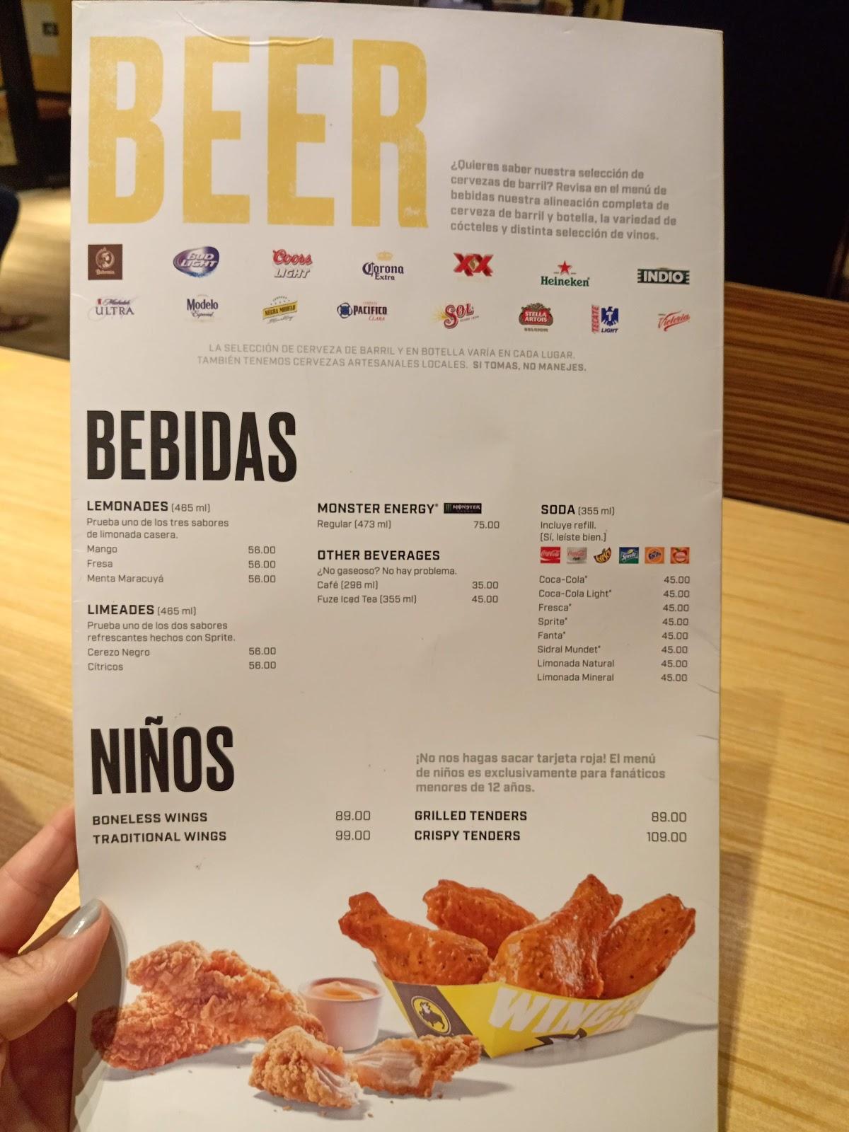 Carta del pub y bar Buffalo Wild Wings, Hermosillo, Plaza Galerías