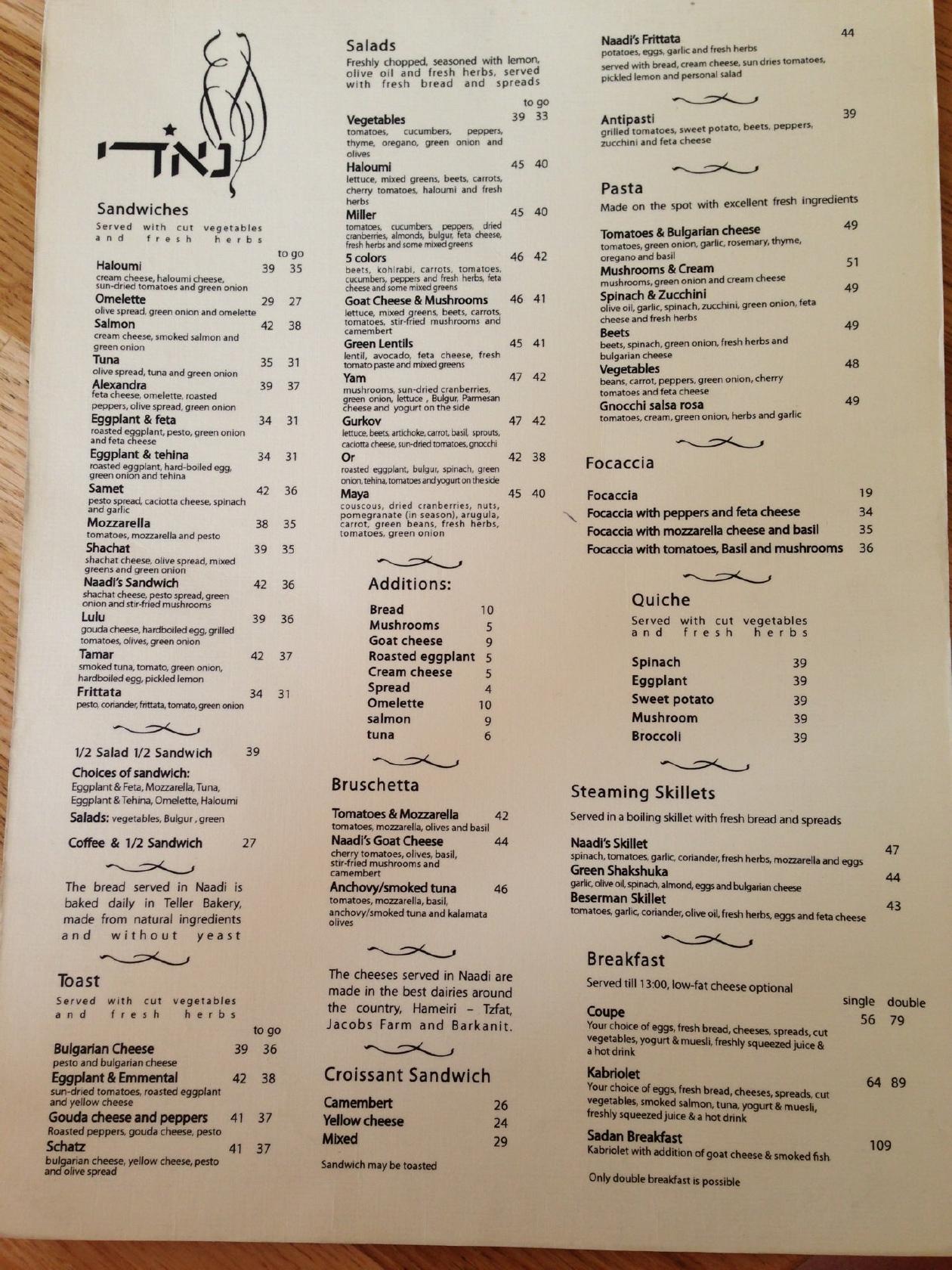 Menu at Coffee Nadi cafe, Jerusalem