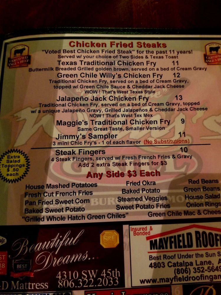 Menu at Green Chile Willy's steakhouse, Amarillo