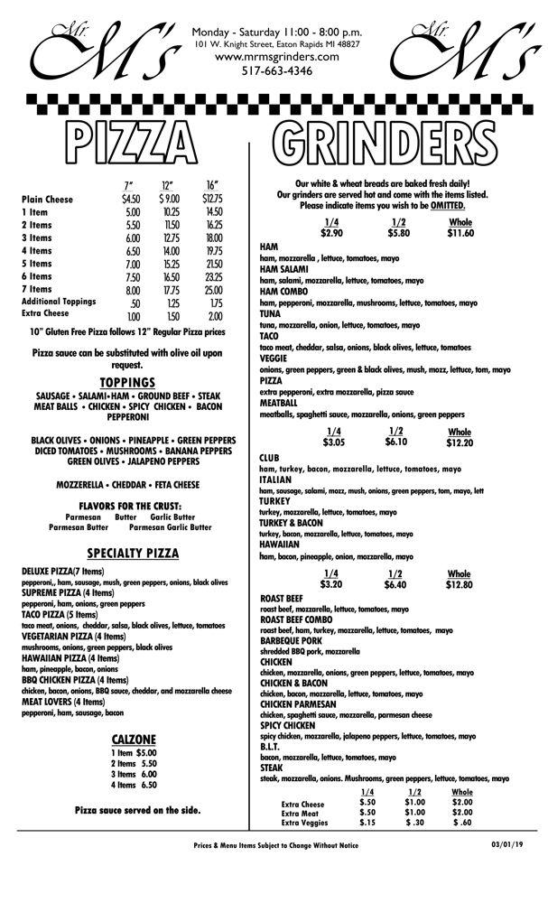 Menu at Mr. M's Pizza & Grinders pizzeria, Eaton Rapids