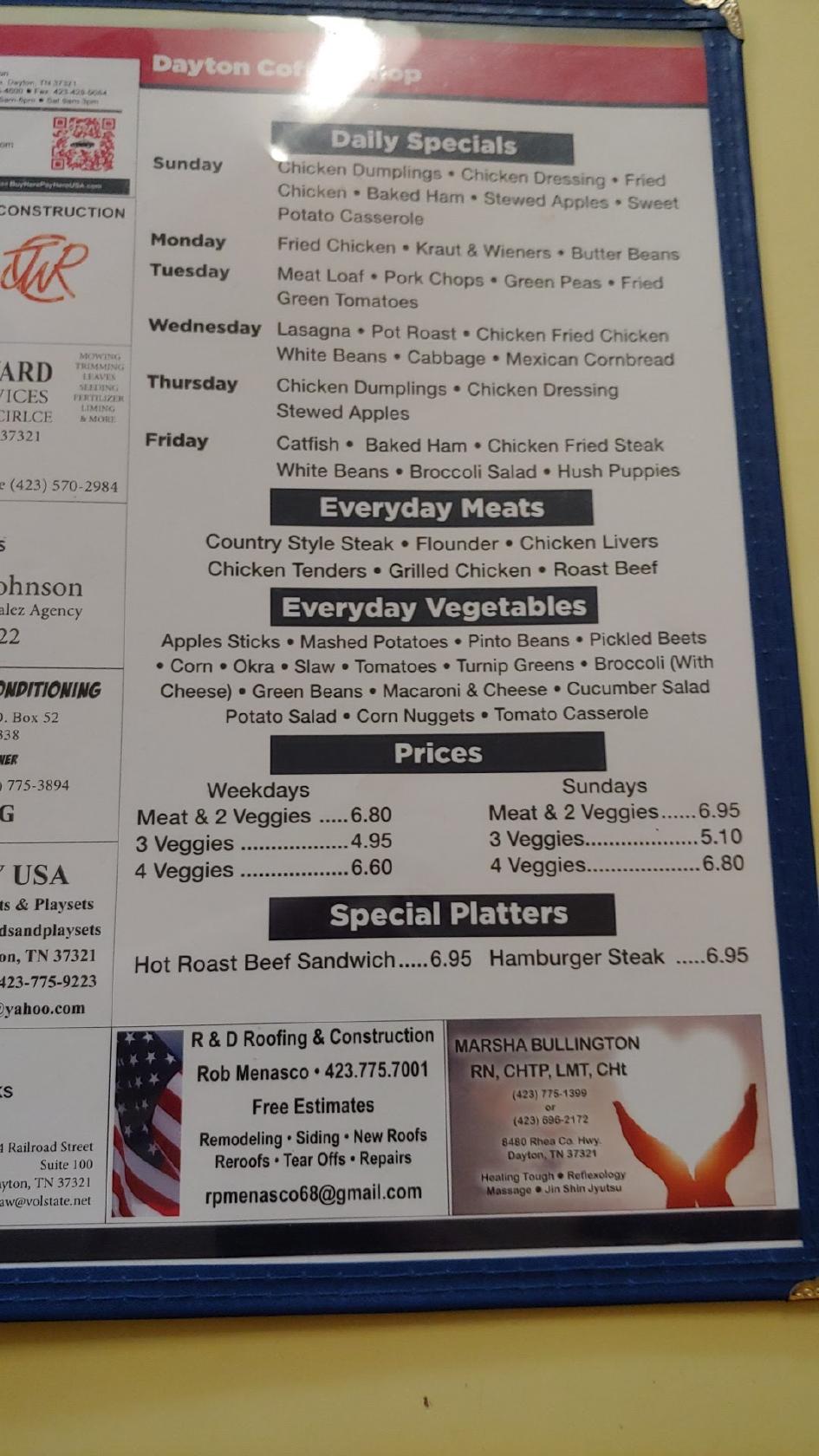 Menu at Dayton Coffee Shop restaurant, Dayton