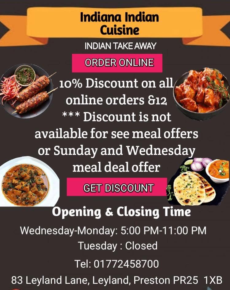 Menu at Indiana Indian cuisine restaurant, Leyland