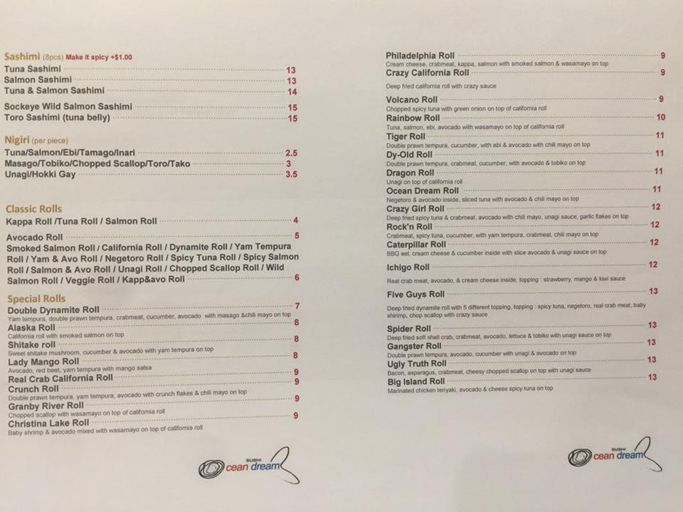 Menu at Sushi Ocean Dream restaurant, Grand Forks