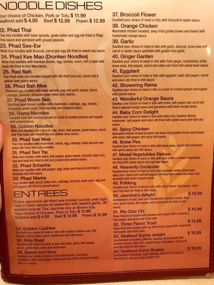 Menu at Jasmine Thai restaurant, Lacey