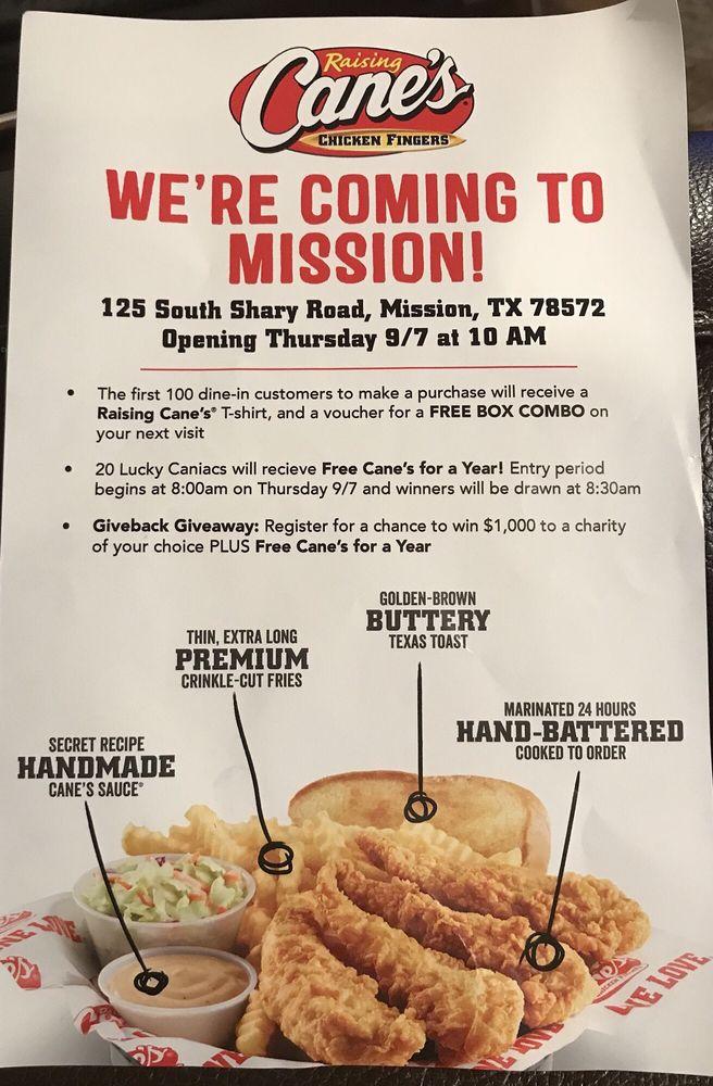 Menu at Raising Cane's Chicken Fingers restaurant, Mission, 125 S Shary Rd