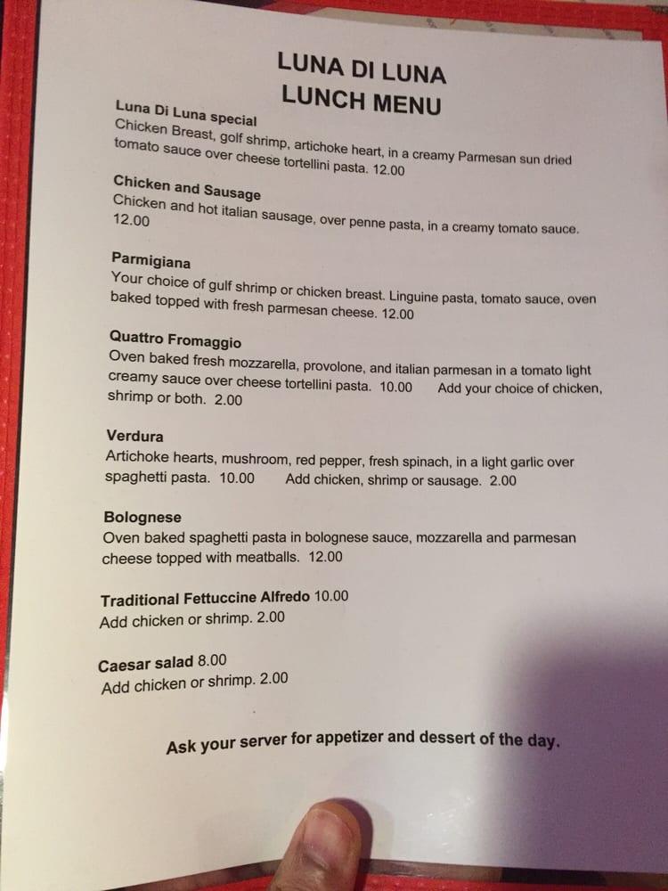 Menu at Luna Di Luna restaurant, Bloomington