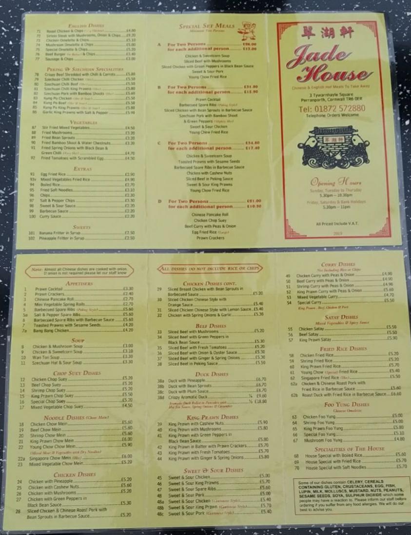 Menu at Jade House fast food, Perranporth