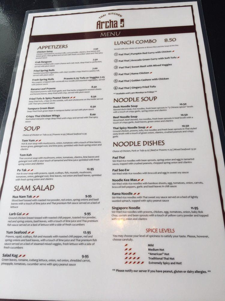 Carta del restaurante Archa Nine Thai Kitchen Old Todds Road, Lexington