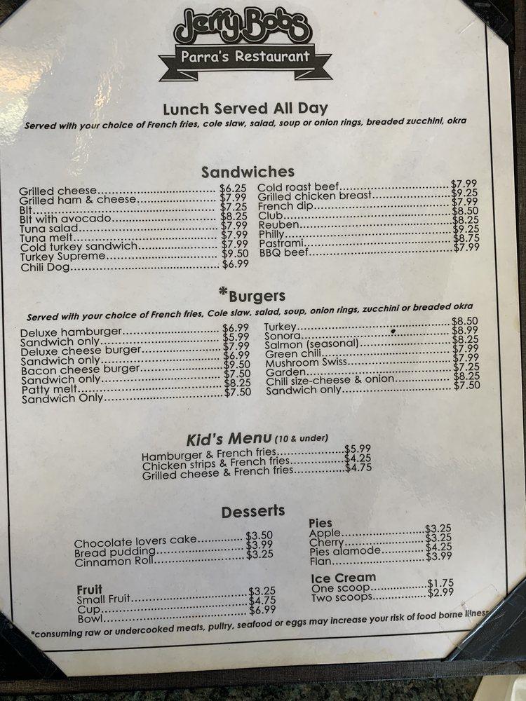 Menu at Jerry Bob's Restaurant, Tucson, E Valencia Rd