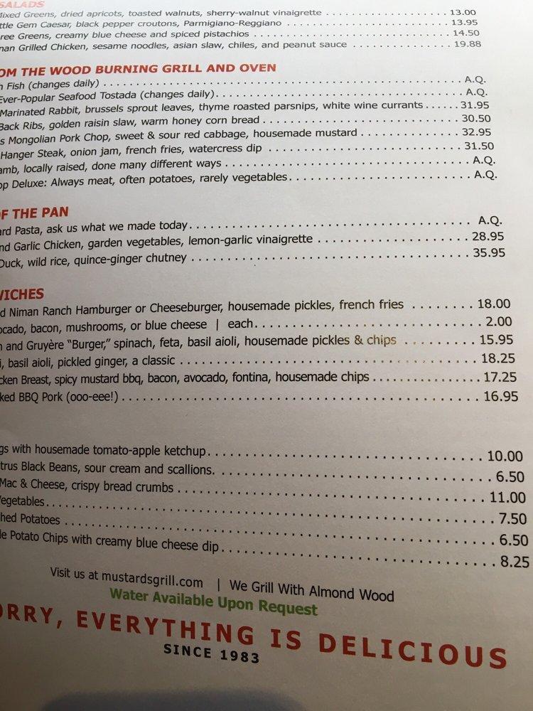 Menu at Mustards Grill restaurant, Yountville, St Helena Hwy