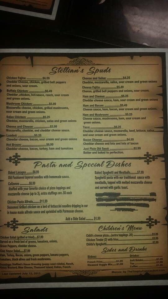 Menu at Stellian's restaurant, Central City