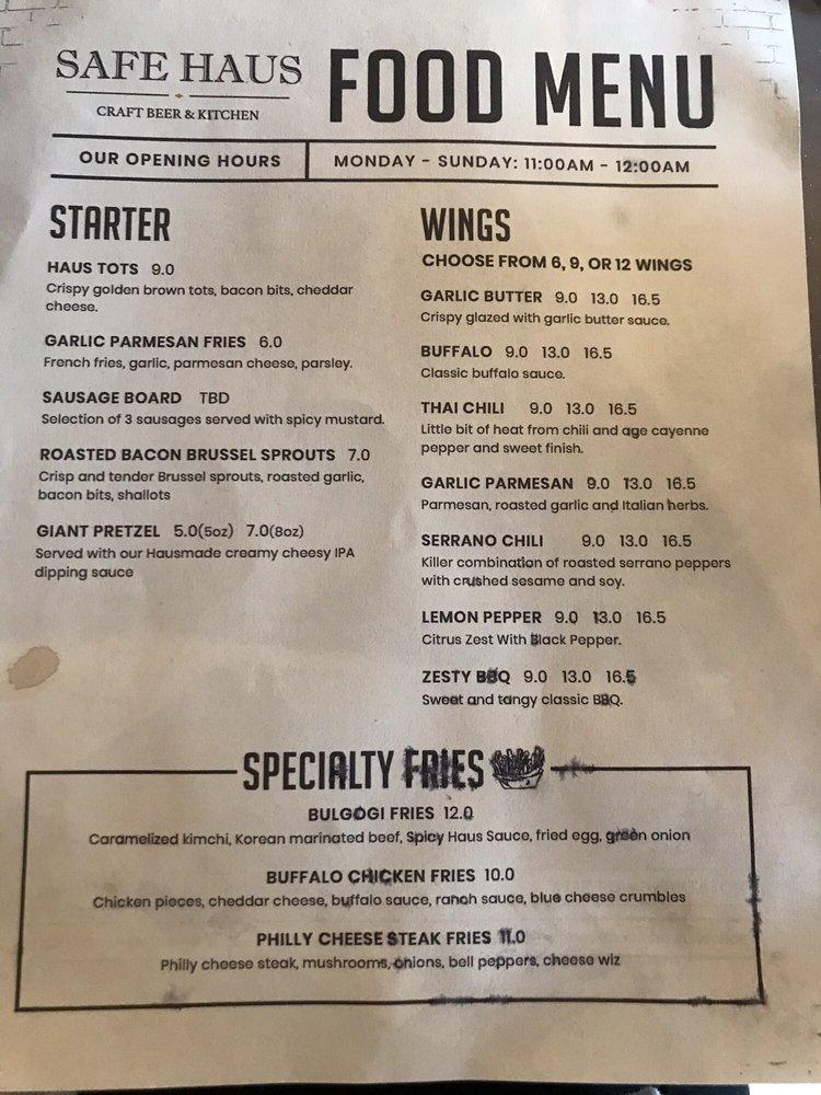Menu at Safe Haus Craft Beer & Kitchen restaurant, Moreno Valley