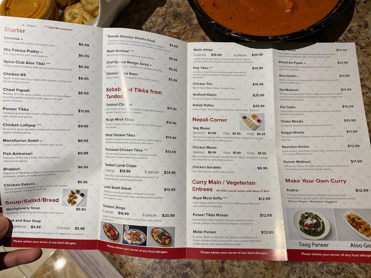 Menu at Spice Club, Toronto