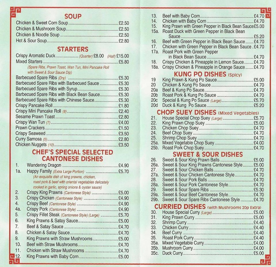 Menu at Lucky Dragon fast food, Mansfield